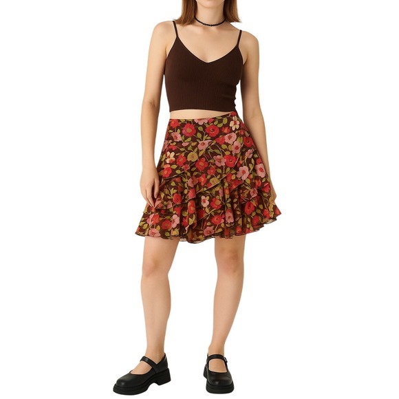 Context Dresses & Skirts - CONTEXT‎ 100% Silk Floral Skirt Size 2 Ruffle Beaded Romantic Flowy Y2K Feminine